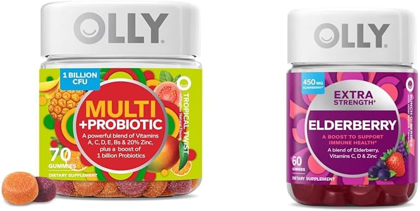 OLLY Adult Multivitamine Gummy met Probiotica, 1 Miljard CFUs, 70 Tel en Extra Sterk Vlierbessen Gummies, Immune Support, 450mg, 60 Tellen