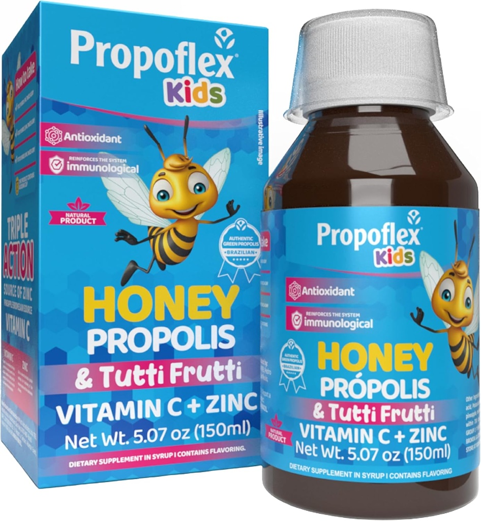 Beelife Bee Propolis Cough Syrup Kids- Triple-Action - Natural Syrup, Brazilian Green Propolis, Zink, Bromelaine, Vitamine C- Ondersteuning Immuniteit & Herstel - uit Brazilië, Tutti Fruit smaak, 150 ml
