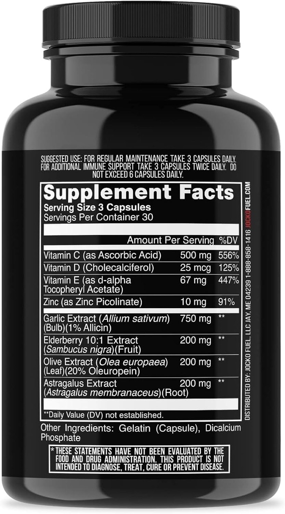 Jocko Fuel Immune Support Supplement - Elderberry with Zinc & Vitamin C for Adults - Immune Defense with Vitamin C, D3, Superfoods, Herbs, & Minerals (90 Capsules)
