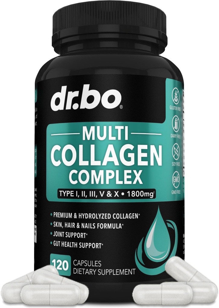 Multi Collageen Peptides for Women & Men - Type I, II, III, V, & X Multi Collageen for Women & Men Complex Capsules, Hydrolyzed Peptides Pillen Supplements for Skin, Hair & Nails - 120 Proteïne Capsules