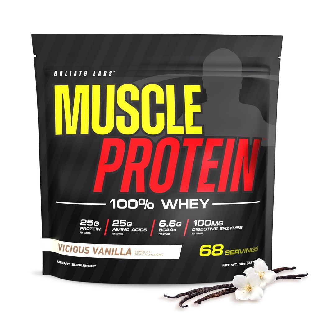 LABS COLOSSALE Protéines musculaires Poudre de lactosérum [5 lbs/paquet de 1]– Filtré à froid, 25g Protéines pures, 6,6g BCAAs (Paquetage May Vary) (5LB, Vanille)