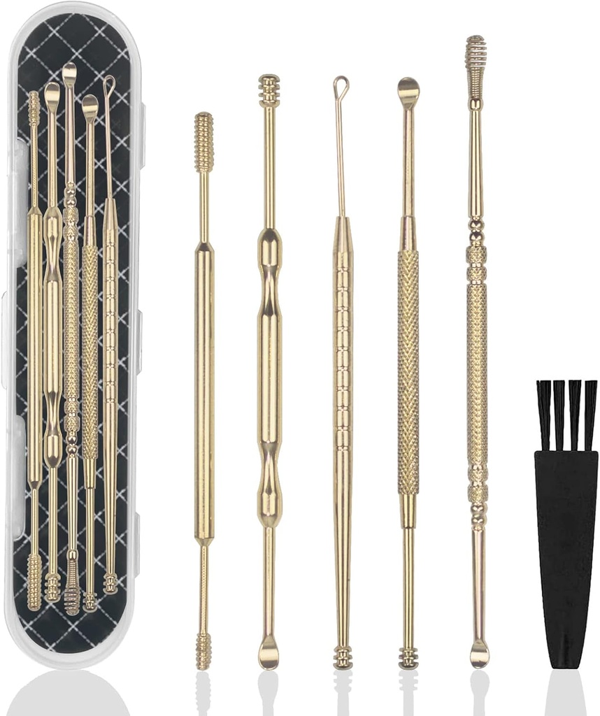 Hion 6 Stuks Extended Ear Wax Removal Kit, Professional Dubbelhoofd oor Pick Earwax Removal Tools,316L roestvrij stalen oor cleaner Curette met reiniging borstel en opbergdoos,pak voor Kid Adult(Gold)