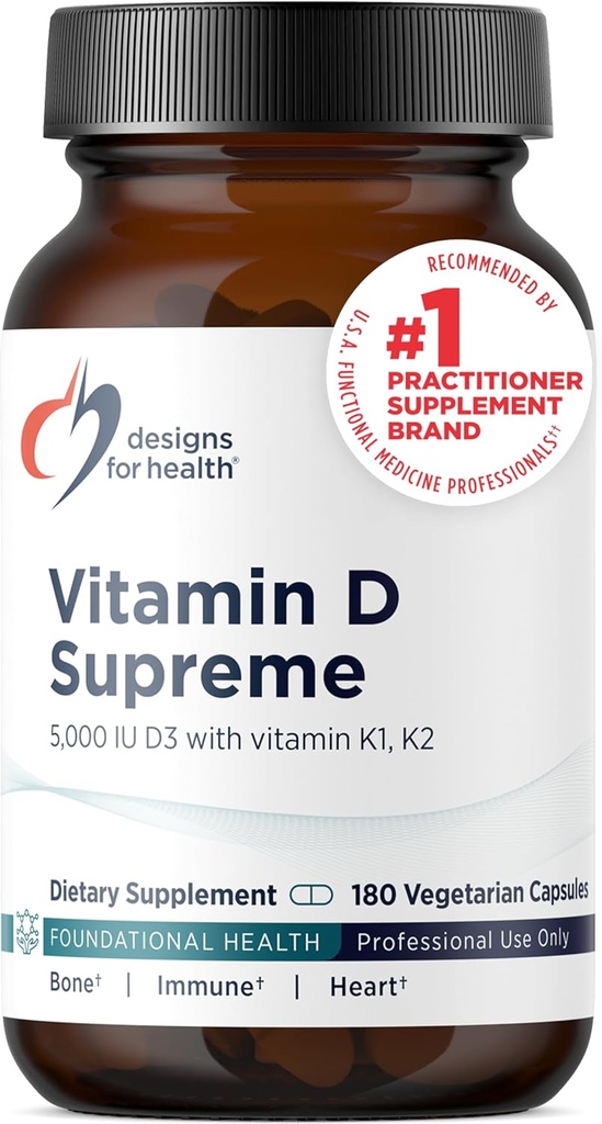 Designs for Health Vitamin D Supreme - Vitamine D 5000 IE met 2000 mcg vitamine K als MK4 voor botgezondheid, hartgezondheid, Mood & Immune Support - Vitamine D3 Verbeterd met GG Supplement (180 Capsules)