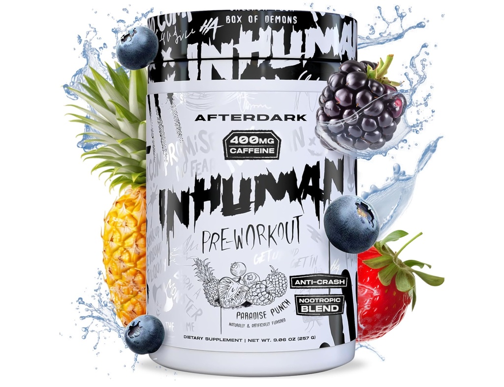 AFTERDARK INHUMAN Pre-Workout Powder, Enhanced Mind-Muscle Connection, Sustained Energy, Potent Nootropic Blend, Vegan, Gluten-Free, Soy-Free, 400mg Cafeine, No Crash, Paradise Punch