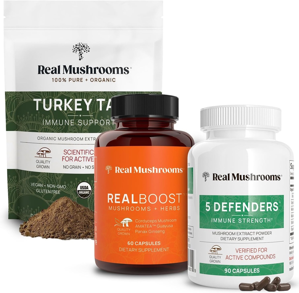 Real Paddestoelen RealBoost (60ct), 5 Defenders (90ct) & Turkey Tail Mushroom Powder & Capsules Bundle - Mushroom Supplement for Energy, Vitality & Immunity Strength - Vegan, Non-GMO
