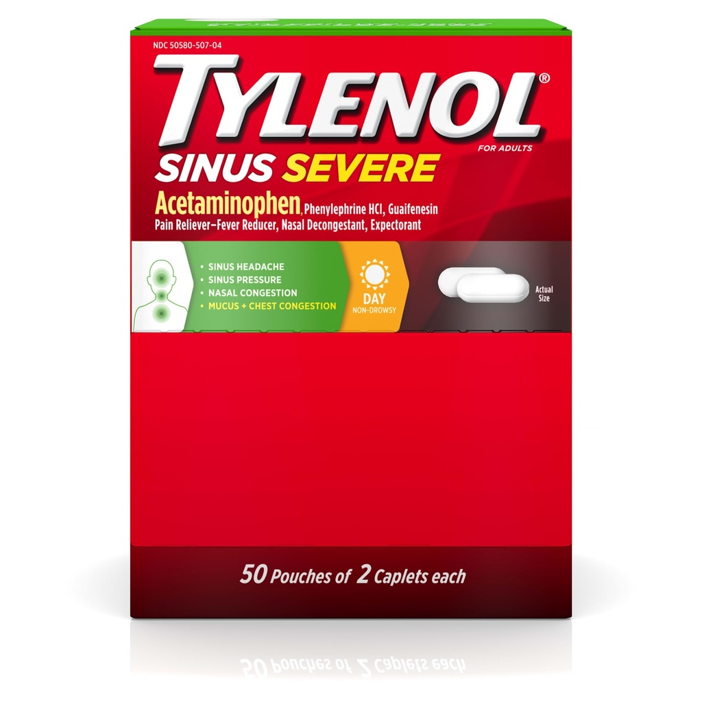Tylenol Sinus Caplets diurnes sévères avec acétaminophène 325mg, Guaifenesin 200mg et Phénylephrine HCl 5mg, anti-douleur, expectorant et nasal, 50 packs de voyage de 2 ct
