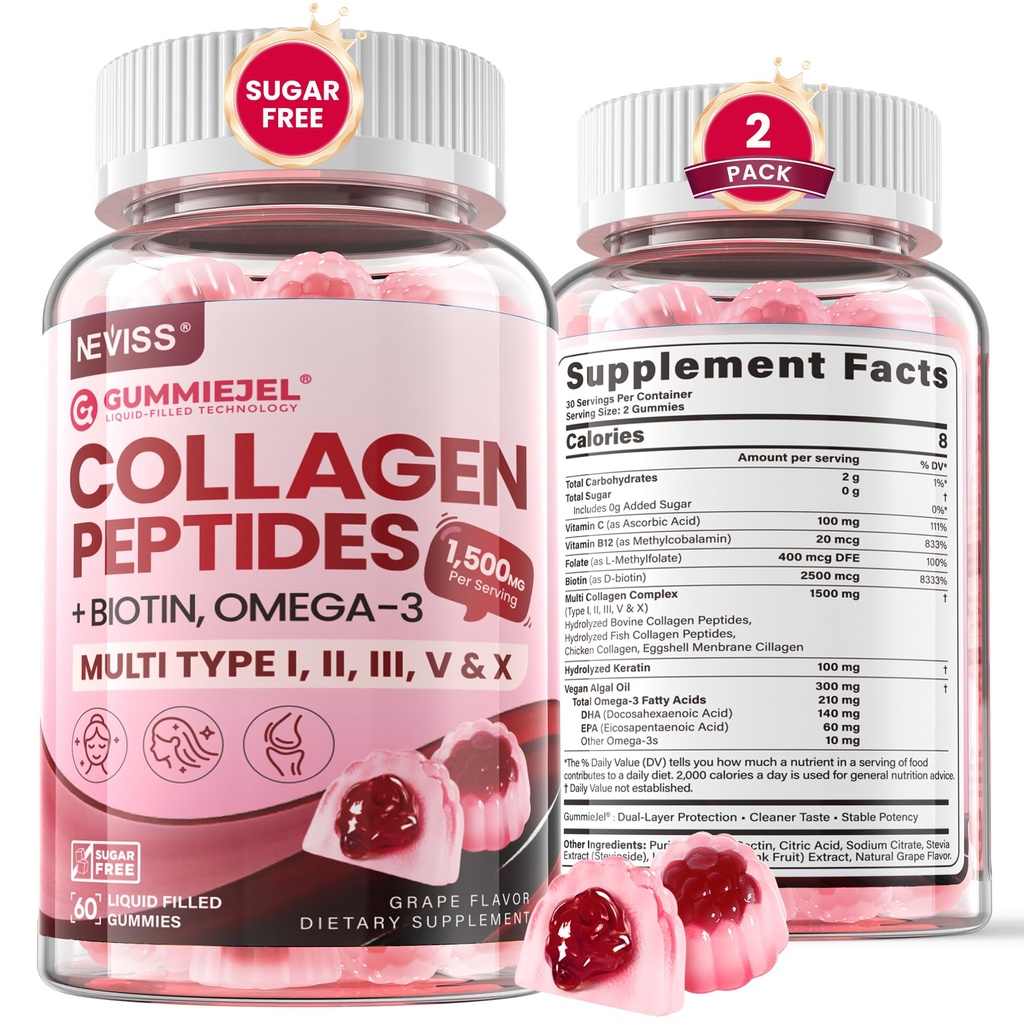 Gehydrolyseerde collagen Peptiden, Marine Gummies for Women Mannen, Multi Collageen Type I II III V & X voor haargroei, gezonde huidnagels - Collageen Gummy w/Hair Vitaminen Biotin Keratine & Vitamine D3, 120Ct
