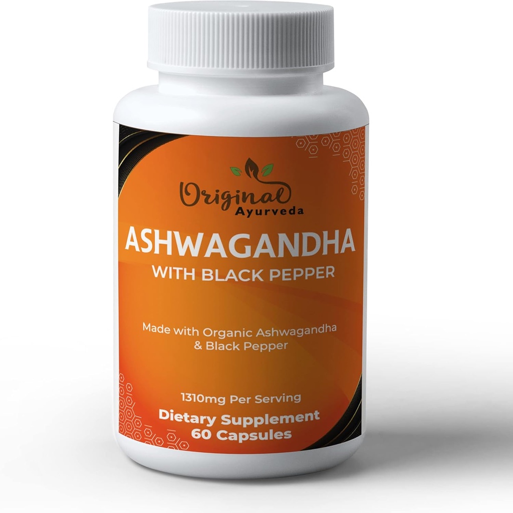 Certified Organic Ashwagandha with Organic Black Pepper Supplement - 1310mg - Non-GMO, Glutenvrij - 3rd Party Lab Tested
