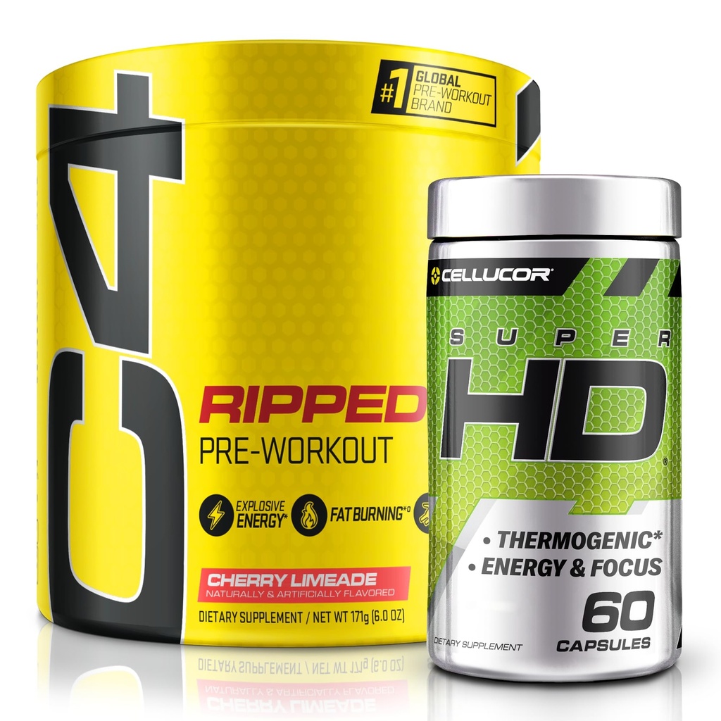 C4 Ripped & SuperHD, The Thermogenic Bundle, C4 Ripped Pre Workout Powder, Cherry Limeade 30 Serves + SuperHD met Capsimax en Green Tea Extract, 60 Servers