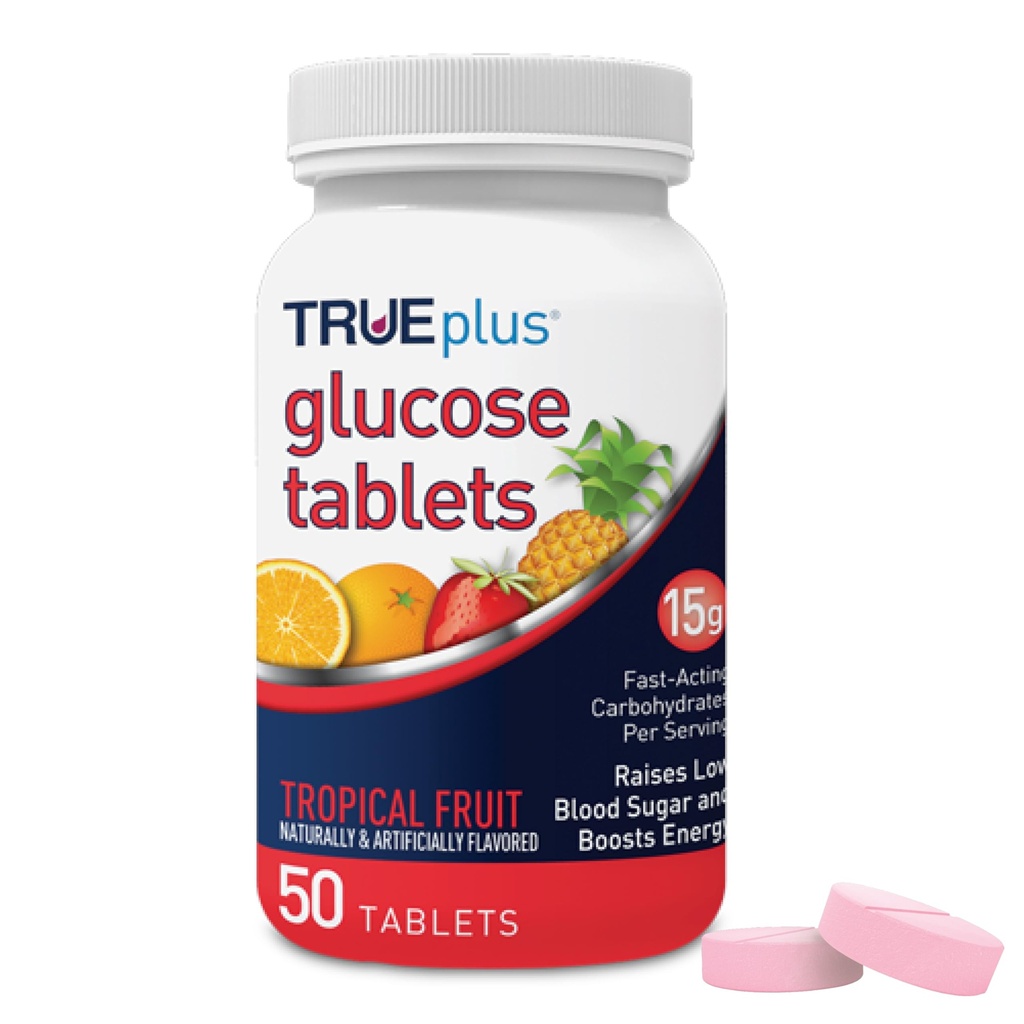 TRUEplus® glucosetabletten, Tropische fruitsmaak - 50ct fles