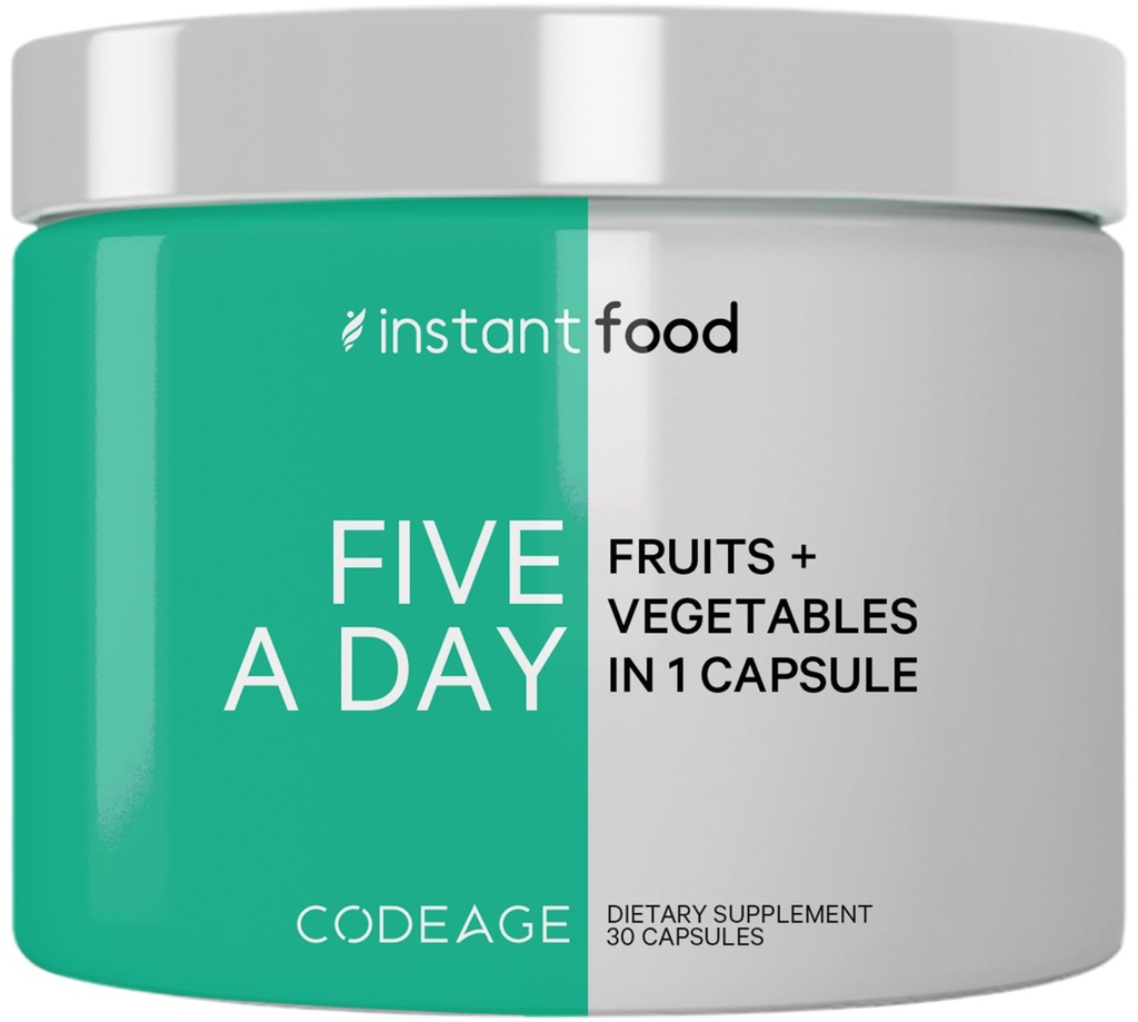 Codeage 5 portions de fruits et légumes Équivalent en 1 seule capsule - aliments instantanés entiers avec 15 verts et fruits dans une seule pilule, manger des légumes - supplément de vitamines végétales - non-OGM - 30 ct