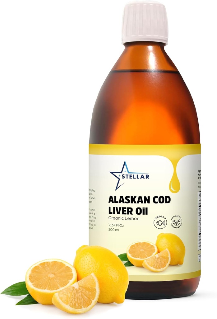 Stellar Alaskan Cod Liver Oil - Organic Lemon, 16.67 oz | Wild-Caught in USA | Rich in Omega-3 DHA/EPA & Vitamin D | Non-GMO Certified | Supports Heart, Brain & Immune Health
