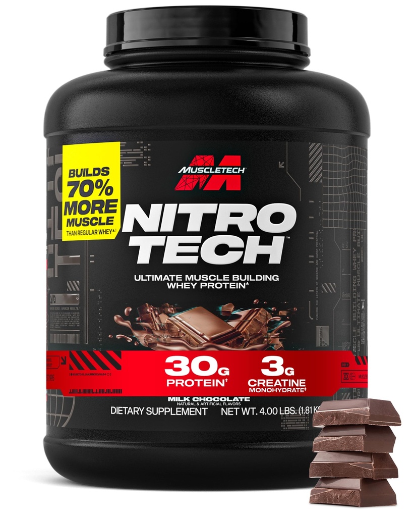 Muscletech Wei Protein Powder (Milk Chocolate, 4 pond) - Nitro-Tech Ultimate Muscle Building Formula with Wei Protein Isolaat - 30g of Protein, 3g of Creatine & 6.8g of BCAA - Packaging May Vary