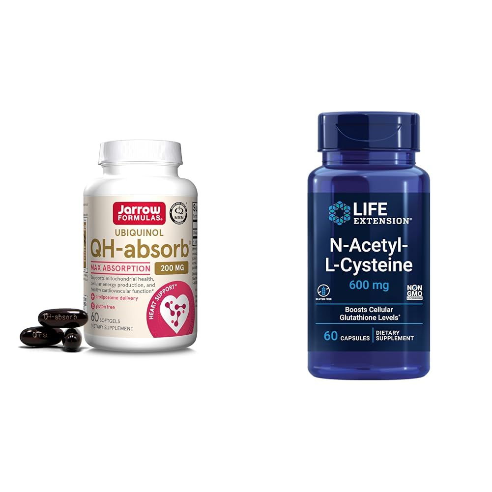 Jarrow Formulas QH-Absorb 200 mg - High Absorptie Co-Q10 - Active Antioxidant Form of Co-Q10 & Life Extension N-Acetyl-L-Cysteine (NAC), Immune, Respiratory, Liver Health, NAC 600 mg