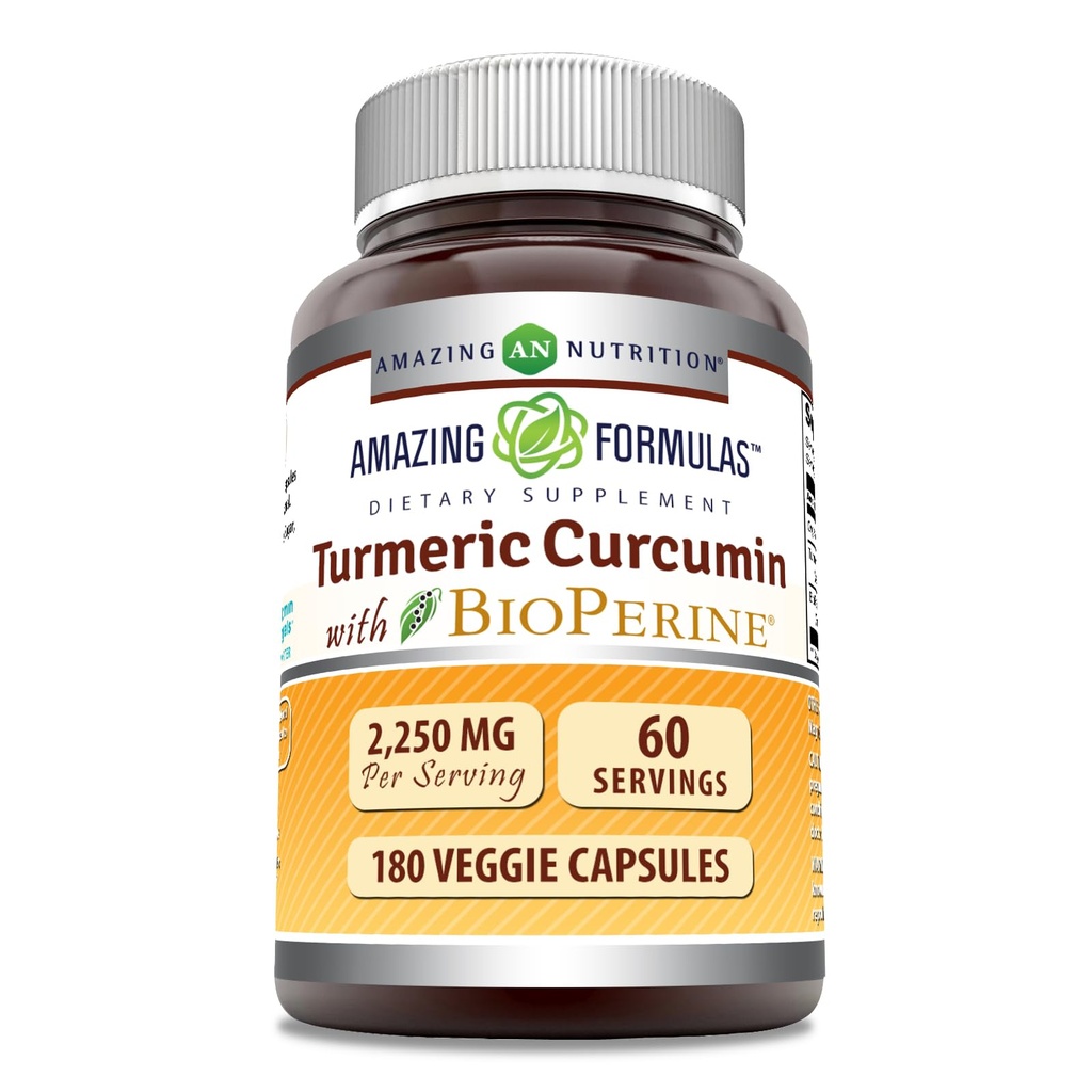 Amazing Formulas Turmeric Curcumin with Bioperine Supplement | 2250 Mg per Serving | Veggie Capsules | Non-GMO | Gluten-Free | Made in USA (1 Pack, 180 Count)