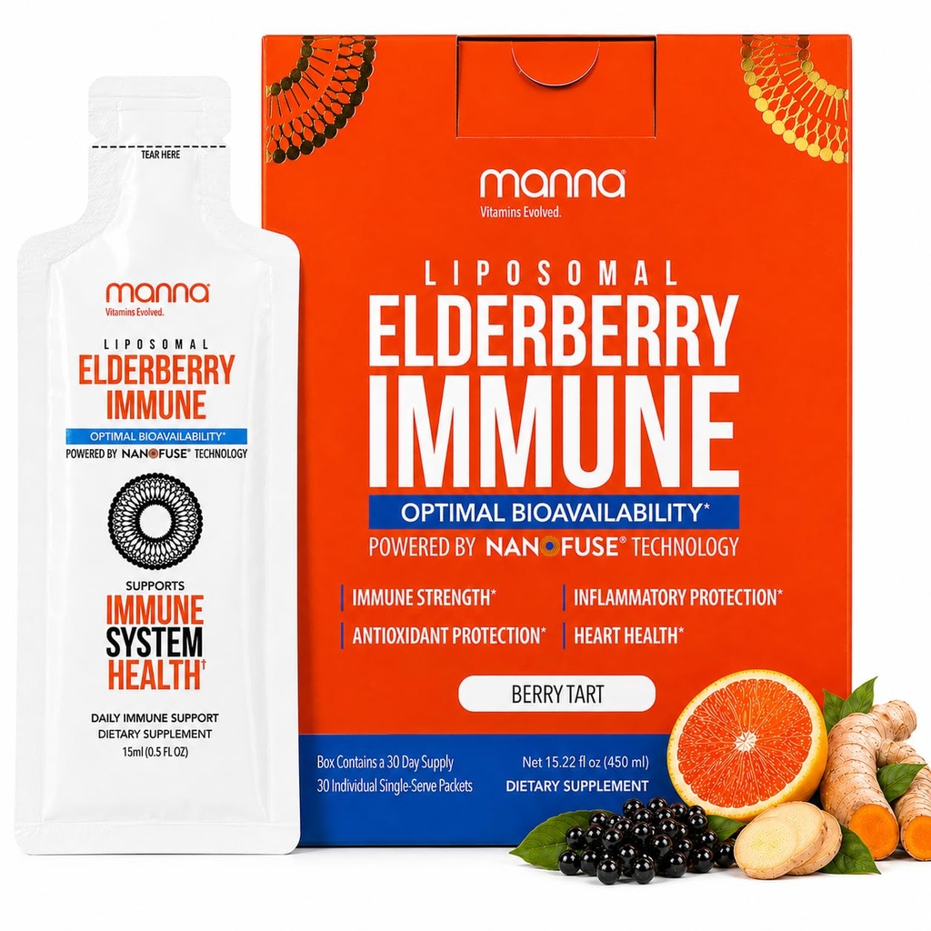 Manna Vitaminen Evolved Liposomale Vlierbessen Immune Packets, Vitaminen C, D etc. - Dagelijks Immune Ondersteuning voor Volwassenen, Kinderen - Suikervrij, Real Vlierbessen Extract, Siroop, Reizen-Vriendelijk, 15 Pack