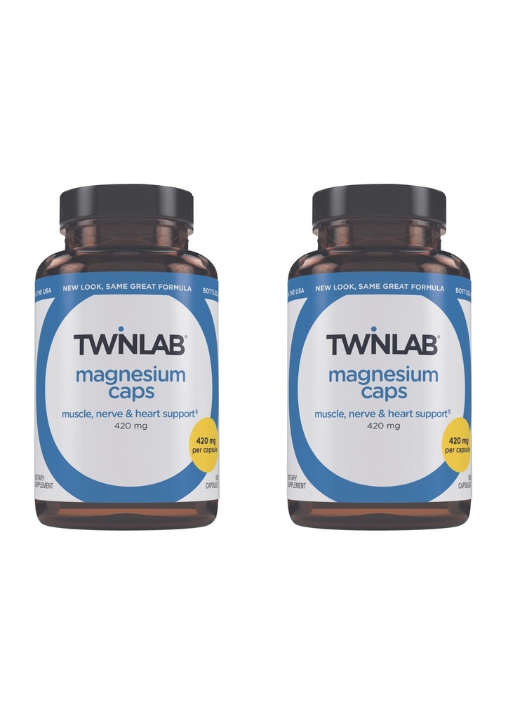Twinlab Magnesium Caps - Hoge Absorptie Magnesium Supplement ter ondersteuning van Leg Cramps Relief - Magnesium Capsules for Stress Relief, 420 mg, 100 Telling, 2 Pack