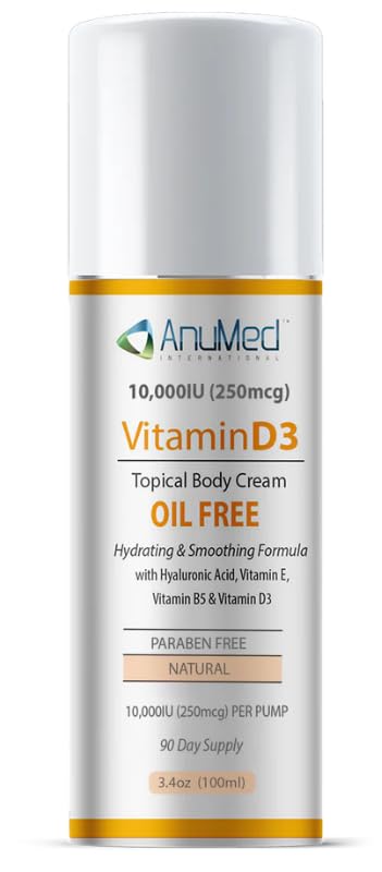 AnuMed Vitamine D3 10 000 UI Crème sans huile avec Magnésium + Acide Hyaluronique, Vitamine E. Crème hydratante pour peau sèche. Non grasse, non OGM, 100% végétalien, sans gluten (3oz)