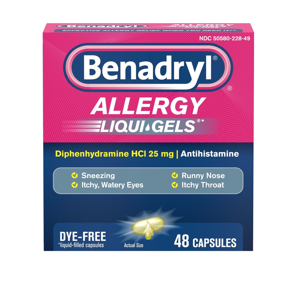 Benadryl Liqui-Gels Antihistamine Allergie Geneeskunde & Cold Symptoom Relief, Dye-Free Liquid Gels met 25 mg difenhydramine HCl voor symptomen zoals , Runny Neus, niezen & Meer, 48 ct