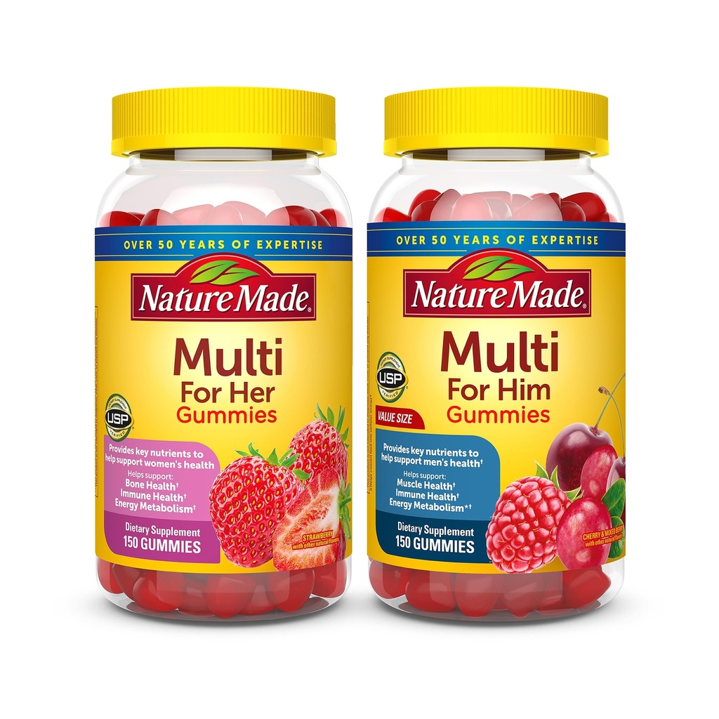 Natuur gemaakt Multivitamine Gummies Combo Pack voor hem & haar, smakelijke mannen & vrouwen multivitamine met vitamine C, vitamine D3, B vitamines, zink & meer, twee multivitamine flessen