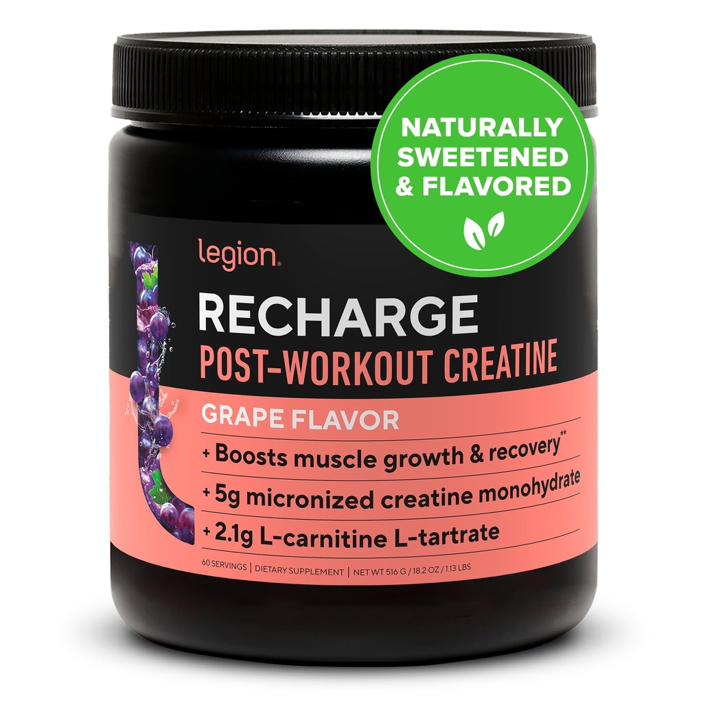 LEGION Recharge Post Workout Supplement - Alle natuurlijke spier Builder & Recovery Drink met Micronized Creatine Monohydraat. Natuurlijk zoet en smaakvol, veilig en gezond. (Grape, 60 Serving)