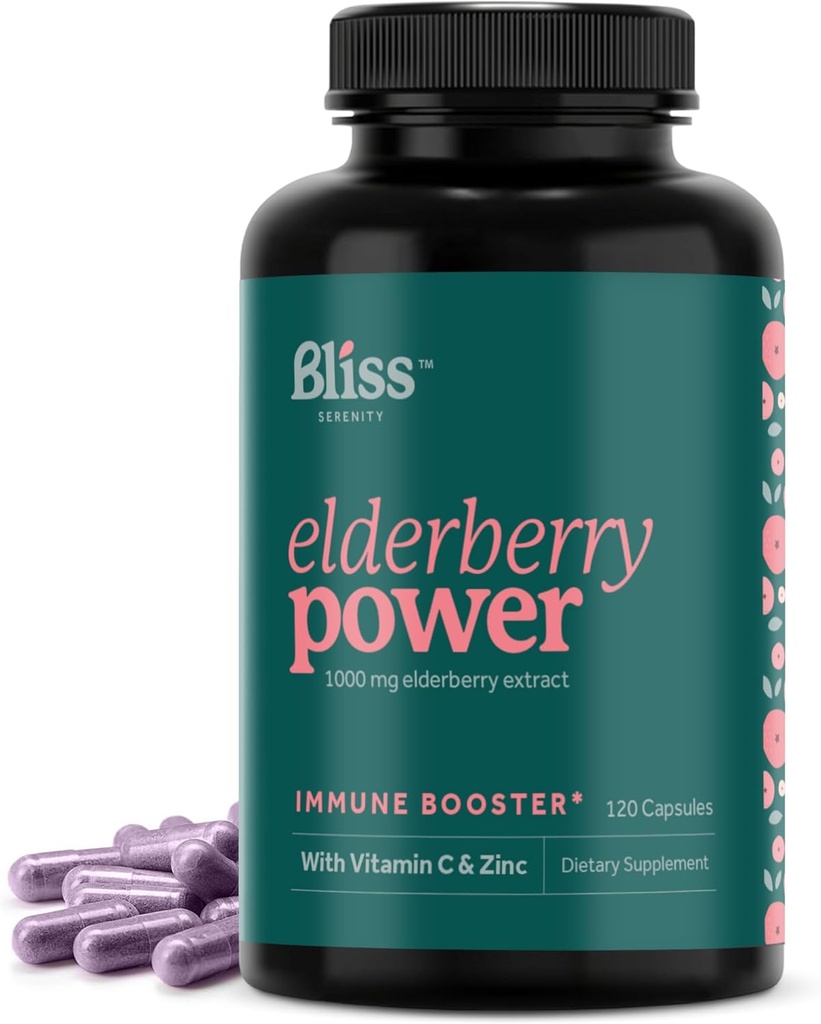 Vlierbes met zink en vitamine C voor volwassenen - Sambucus Vlierbessen Capsules - 1000 mg Extract, Immuun Support Supplement voor vrouwen en mannen, met Antioxidant Fruit Blend, 120 Vegcaps, 60 dagen levering