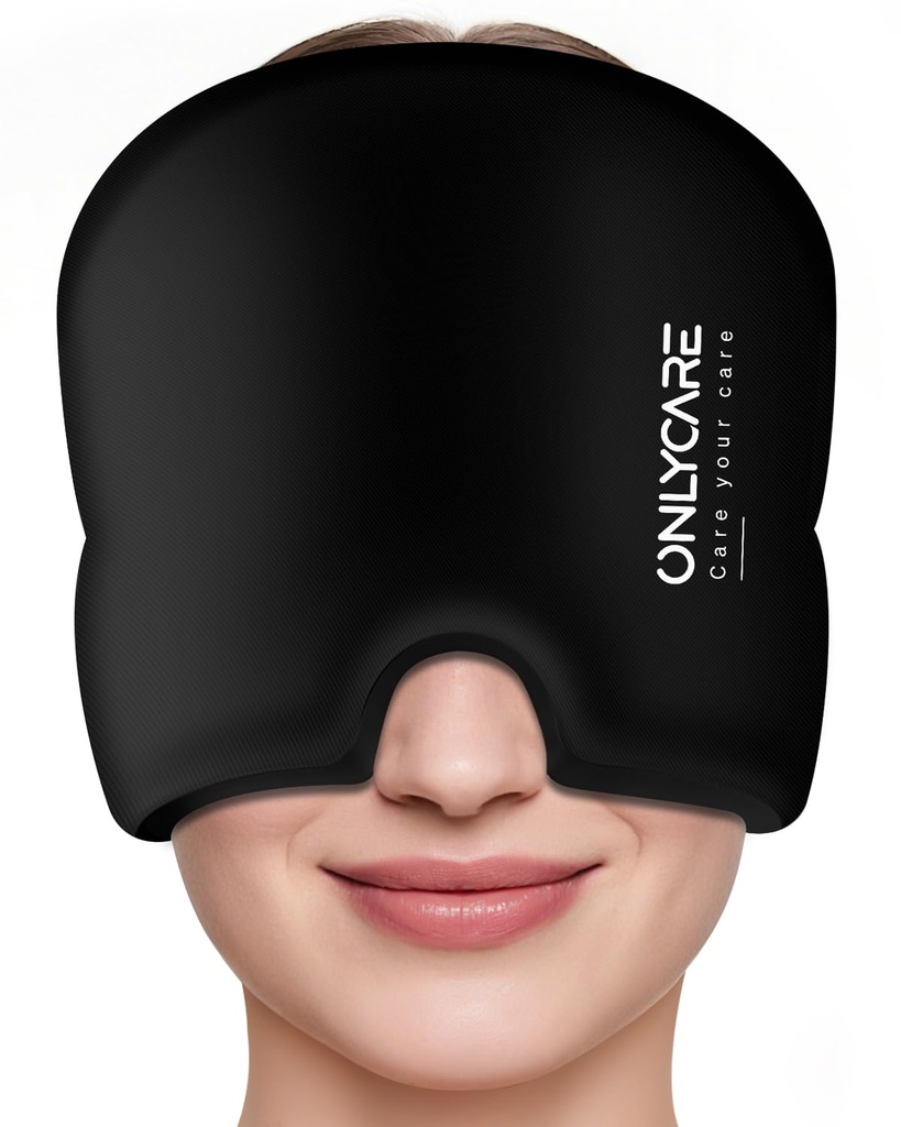 SEULEMENT Couvercle de soulagement de la migraine, Masque apaisant de la migraine, Enveloppe de tête de glace de gel sans odorat, thérapie chaude et froide, FSA-HSA Paquet de glace de maux de tête admissible pour la tension et le stress (Noir)