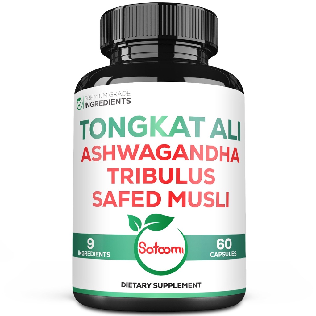 Satoomi Tongkat Ali Root Extract 200:1-9 Essentiële Kruiden met Ashwagandha, Tribulus Terrestris & More - Ondersteuning kracht, energie en gezonde Immune - 60 Vegan Caps 2 maand levering