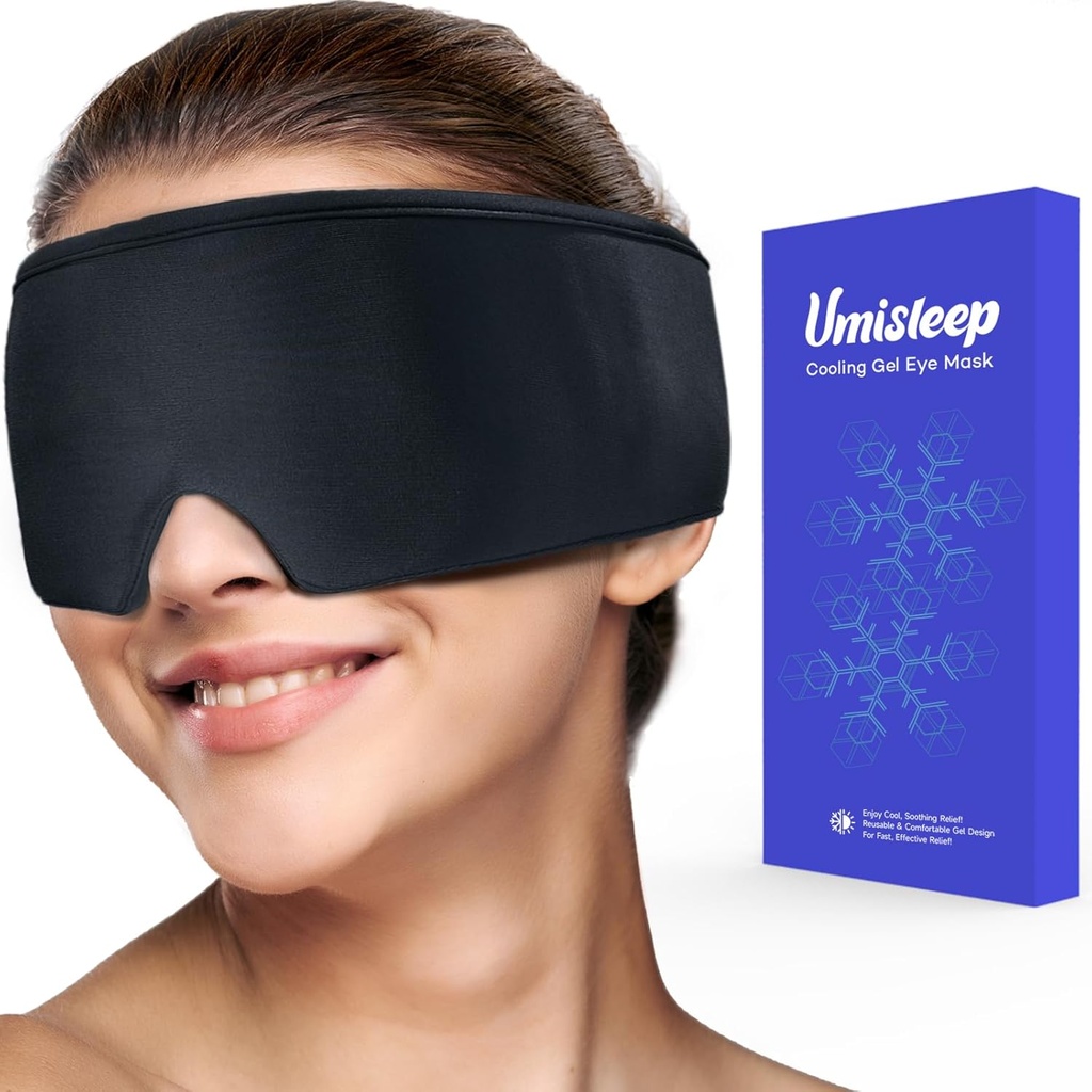 Umisleep Cooling Eye Mask, Soft Cold Sleep Mask voor droge ogen, Herbruikbare Gel Eye Cover Ice Pack, Cold Compress Therapy, Sttye Eye Treatment, Hoofdpijn, Donkere kringen, Puffy Eyes, Migraines Relief, Black