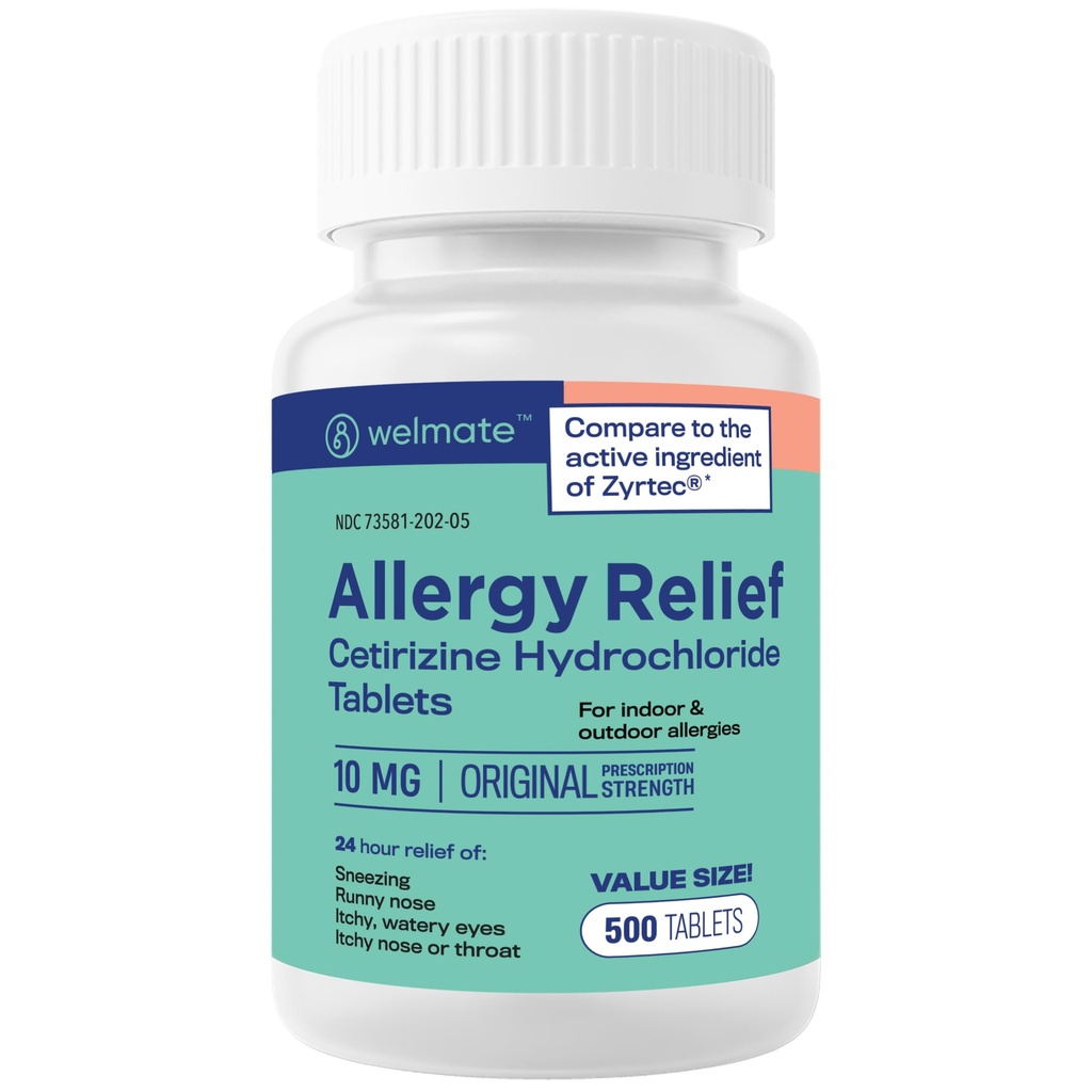 WELMATE - Allergie Relief - Cetirizine HCl 10 mg - 24 uur Antihistamine - Non Drowsy - niezen - Runny Nose - Itchy Eyes & Throat - Indoor & Outdoor Allergie Relief Tablets - 500 tabletten