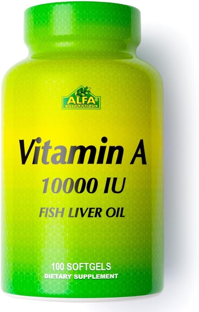 ALFA VITAMINS - Vitamine A - Visleverolie 10.000 IE - Dagelijks dieetsupplement helpt bij het zicht, de huid en het immuunsysteem - 100 Softgels