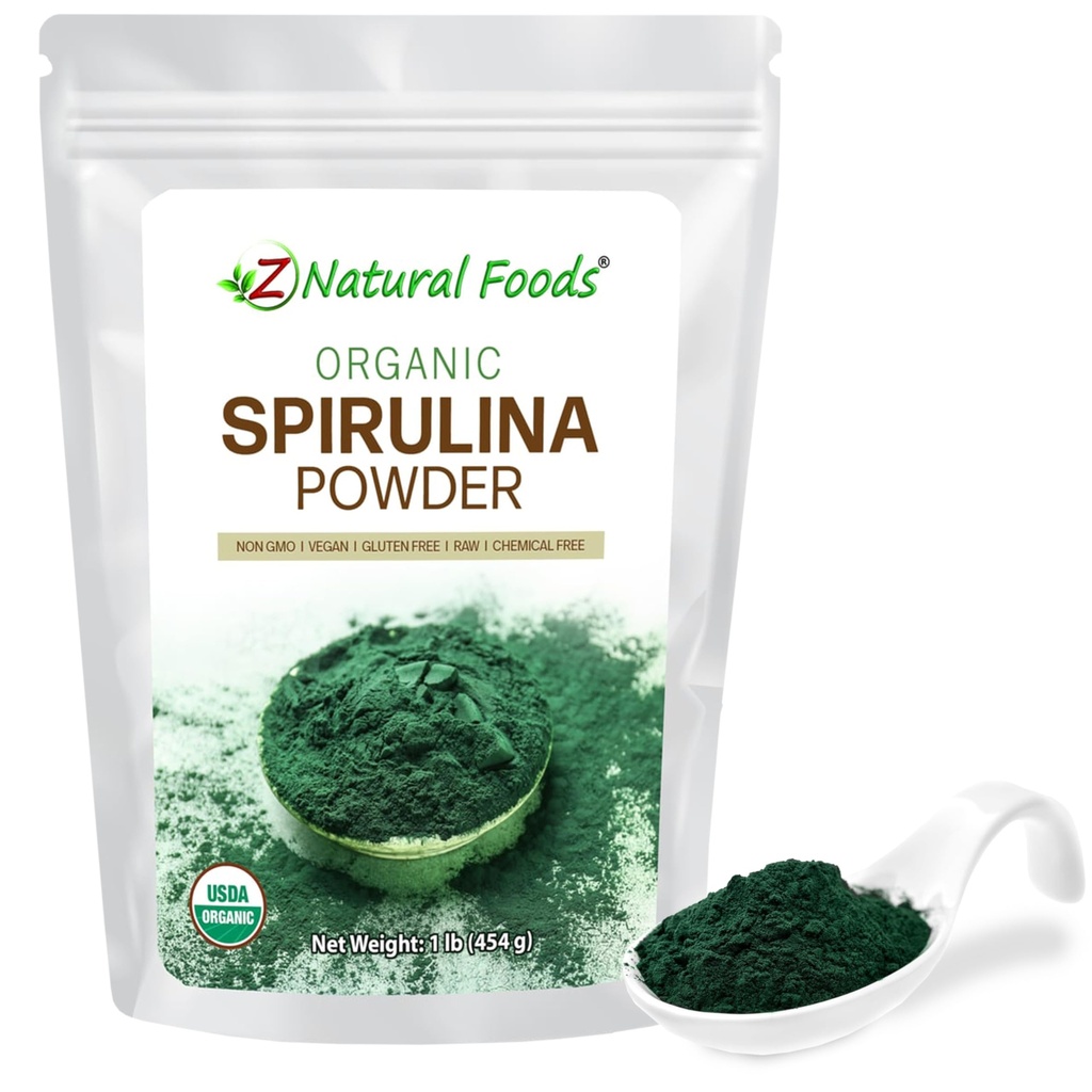 Z Aliments naturels Poudre de spiruline biologique - 100% de spiruline pure, d'algues bleues-vertes nutritives avec acides aminés, 15x Beta-Carotène - Mélanger dans les smoothies, yogourt, Recettes, 1 lb