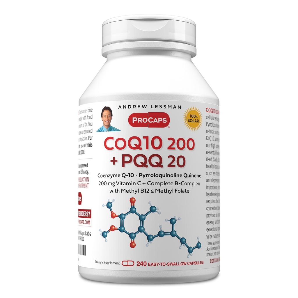 ANDREW LESSMAN Coenzyme Q-10 200 Plus PQQ 20mg - 240 Capsules - Onderhoudt CoQ10 niveaus, Optimale Cellulaire Energie, Ondersteunt Energieproductie, Hart, Hersenen, Lever, Nier, Pancreas. Geen additieven