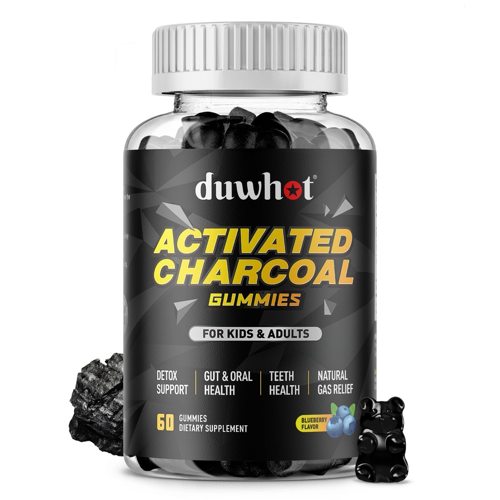 Gommies de Charbon Activées pour Enfants, 500mg Supplément de Charbon Activé à Chewable pour l'Essèchement du Gaz, Détox, Santé Digestive et Orale, Flaveur de Blueberry Vegan, 60 Comte