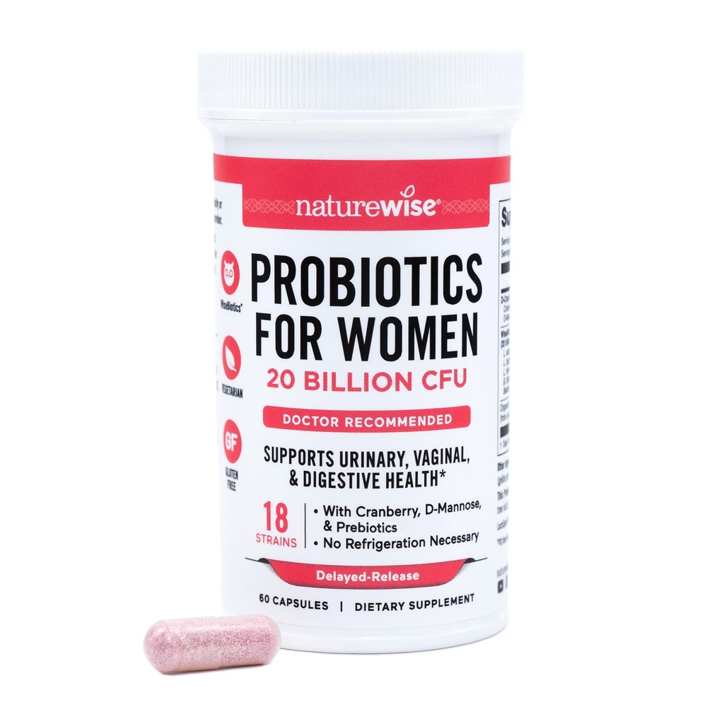NatureWise Probiotics for Women + Organic Prebiotics D-Mannose & Cranberry - Vaginale Probiotica for PH Balance, Digestief & Urinary Tract - 18 Strains, 20 Miljard CFU - 60 Capsules[60-Day Supply]