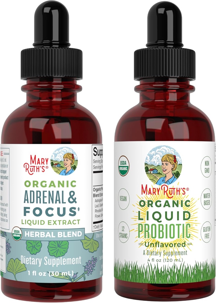 MaryRuth Organics Probiotics Supplement for Women Men Kids & Adrenal Health & Focus Supplement, 2 packs, santé digestive et gut, Cortisol Health, Stress Relief, Focus Nootropic Cerveau Supplément