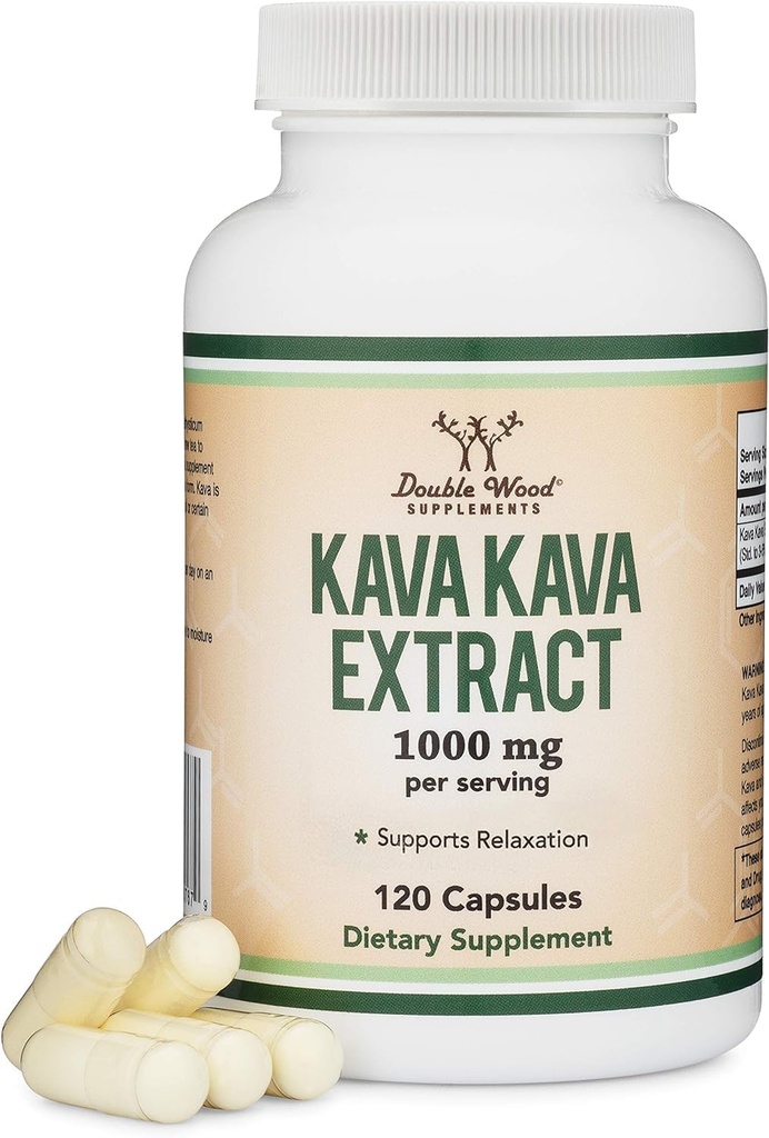 Kava Capsules de Kava 1000mg par portion, 120 Compte (haute pureté Potent 3-5% Extrait de racine de kavalactone) Extrait de racine de poudre de kava pour la relaxation (non-OGM, Vegan Safe) par Double Wood