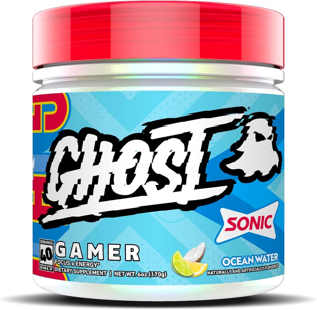 GHOST Gamer: Energie en Focus Ondersteuning Formule - 40 Servings, Sonic Ocean Water - Nootropics & Natural Cafeine voor aandacht, nauwkeurigheid en reactietijd - Veganistisch, Glutenvrij