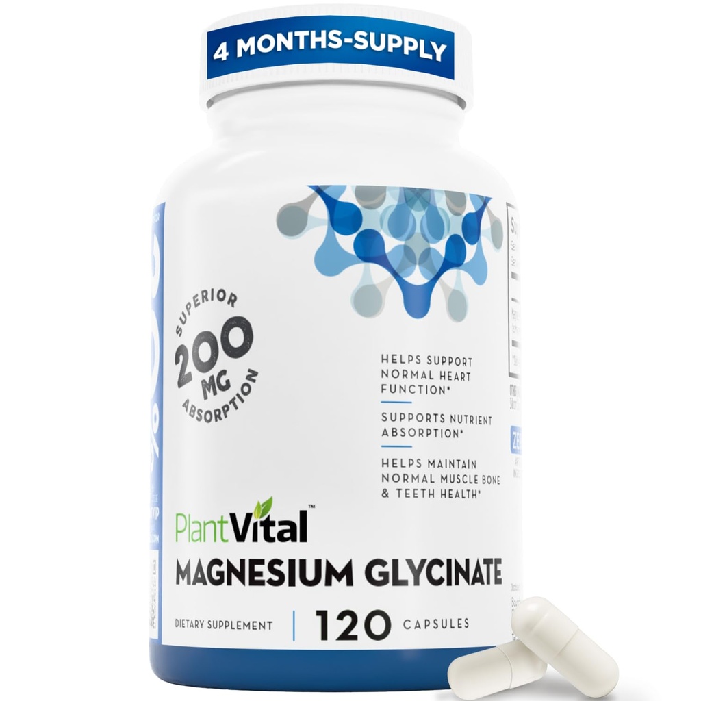PlantVital Magnesium Glycinate 200mg 120 Capsules - Hoge Absorptie, Non-GMO, Veganistisch, Glutenvrij - Ondersteunt normale slaap, spier- en zenuwfunctie, normale hart- en botgezondheid, helpt kalmte en ontspannen