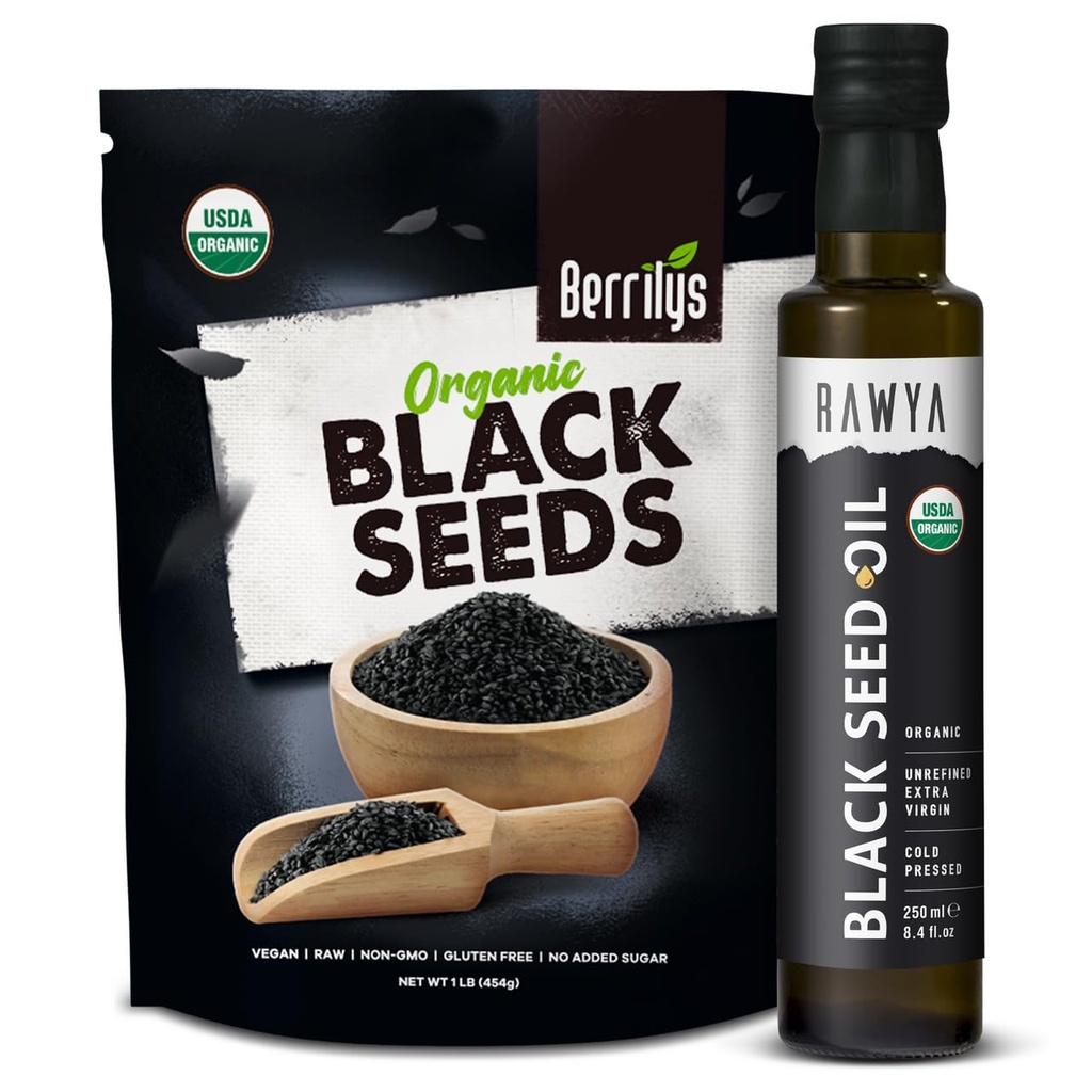RAWYA Black Seeds + Black Seed Oil - USDA Organic Certified, Cold Pressed, Nigella Sativa, Cumin Seed Oil, Kalonji, Premium Quality, High Thymochinon, Pure & Natural, 8.4 Oz + 16 Oz Seeds