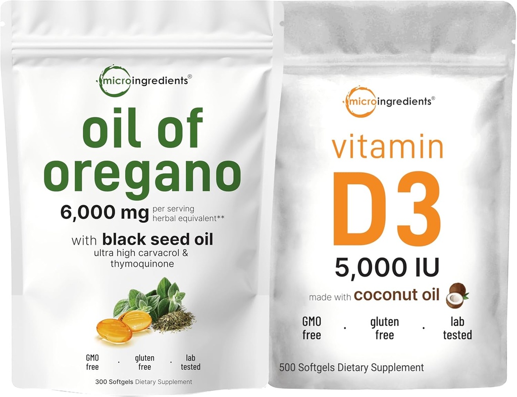 Micro Ingrediënten Olie van Oregano Softgels 6.000mg Per Serving & Vitamine D3 5.000 IE Bundle Pack 