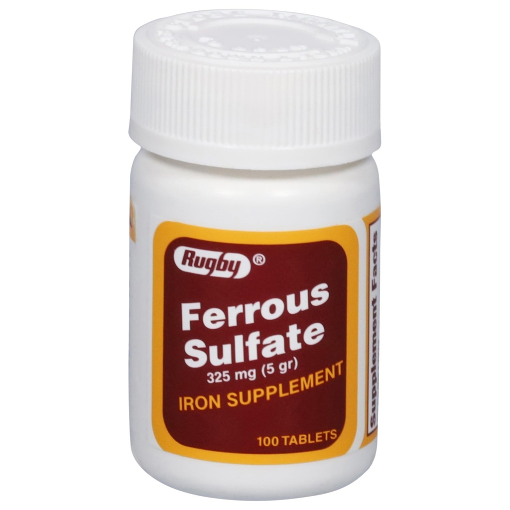 Rugby Ferrous Sulfate 325 mg tabletten - IJzersupplement voor vrouwen en mannen - 100 telling (1 verpakking)