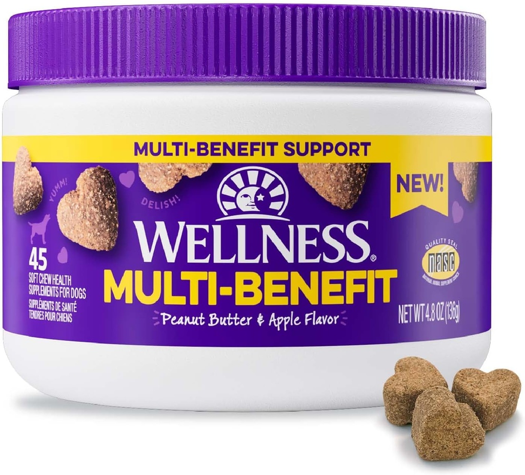 Wellness Peanut Butter & Apple Flavored Soft Chews Multi-Benefit Supplements for Dogs, 45 Count