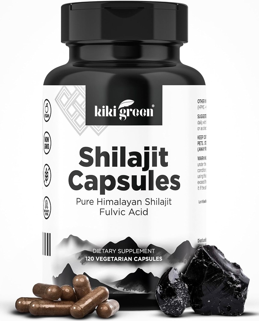 KIKI Green Shilajit Capsules - Himalaya Supplement, 40% Fulvinezuur en sporenmineralen - 500 mg per portie voor kracht, energie, immuniteit - 120 Veganisten