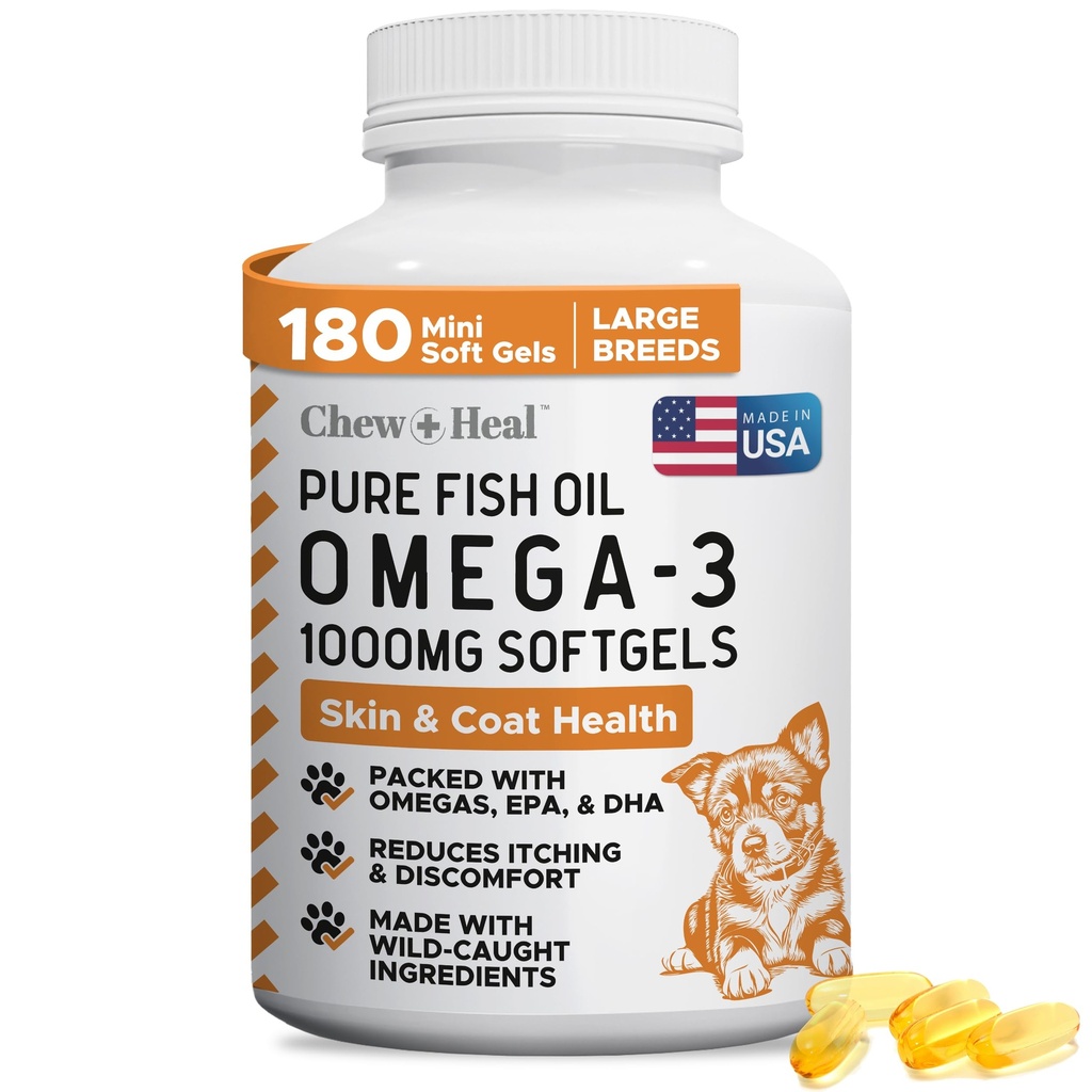 Wild Capght Omega 3 Huile de poisson pour chiens - 180 Capsules de Softgel pour une peau et une fourrure saines - Grandes pilules d'huile de poisson pour chiens de 1000 mg pour Shedding, peau de démangeaison sèche et taches chaudes - supplément de saumon Omega Pet