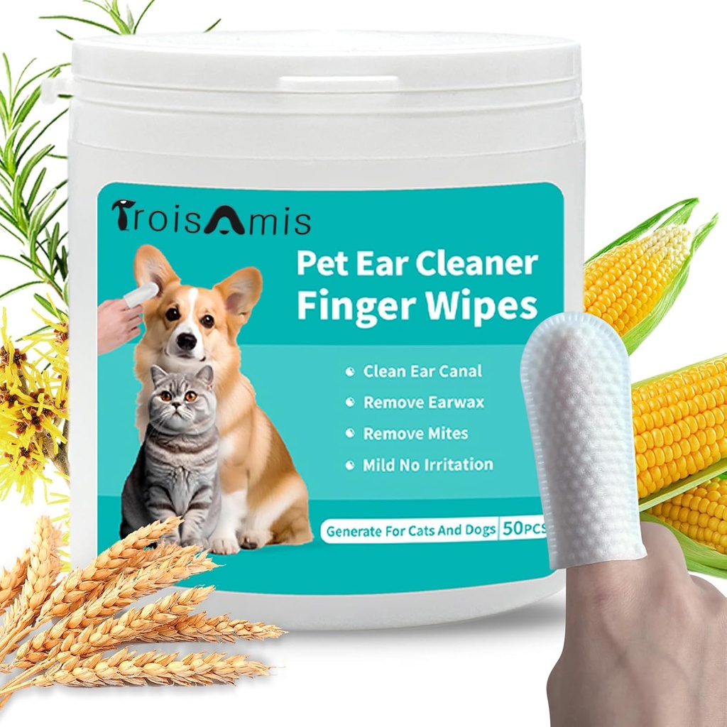 TroisAmis Pet Oor Reiniging Vingerdoekjes voor hond en kat, dikke hondenoor Cleaner Wipes met zacht en natuurlijk Ingrediënt, Verwijder Earwax, Debris-Sooth &Deodorize-Relieve oor jeuk & Ontsteking-50 Tellen