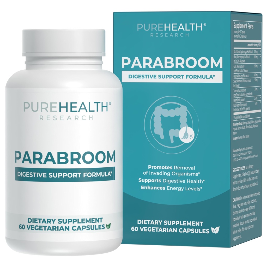 PUREHEALTH RESEARCH Parabroom - Gut Cleanse & Health Supplement - avec noyer noir, poudre de wormwood douce, extrait de curcuma, feuille d'olive, ail & oignon - Soutien digestif pour les femmes et les hommes 60 capsules