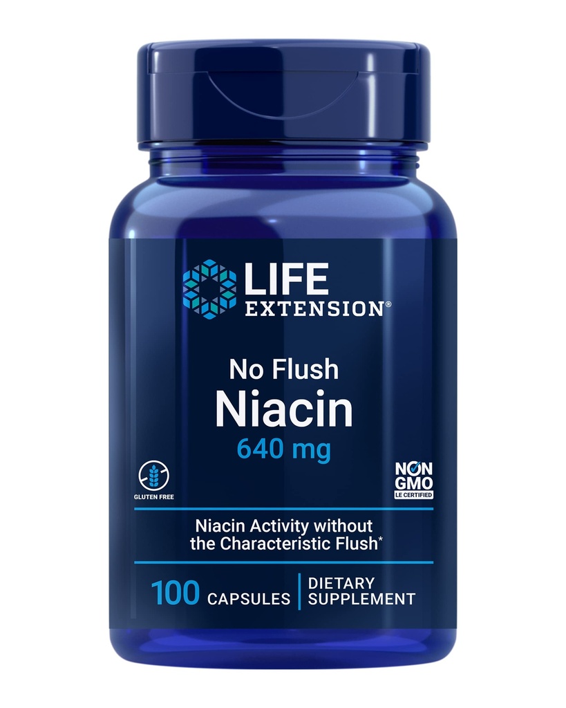 Levensverlenging Geen Flush Niacin, B3 voor hartgezondheid, Cholesterol & Energy Support, Non-GMO, Glutenvrij, 100 capsules