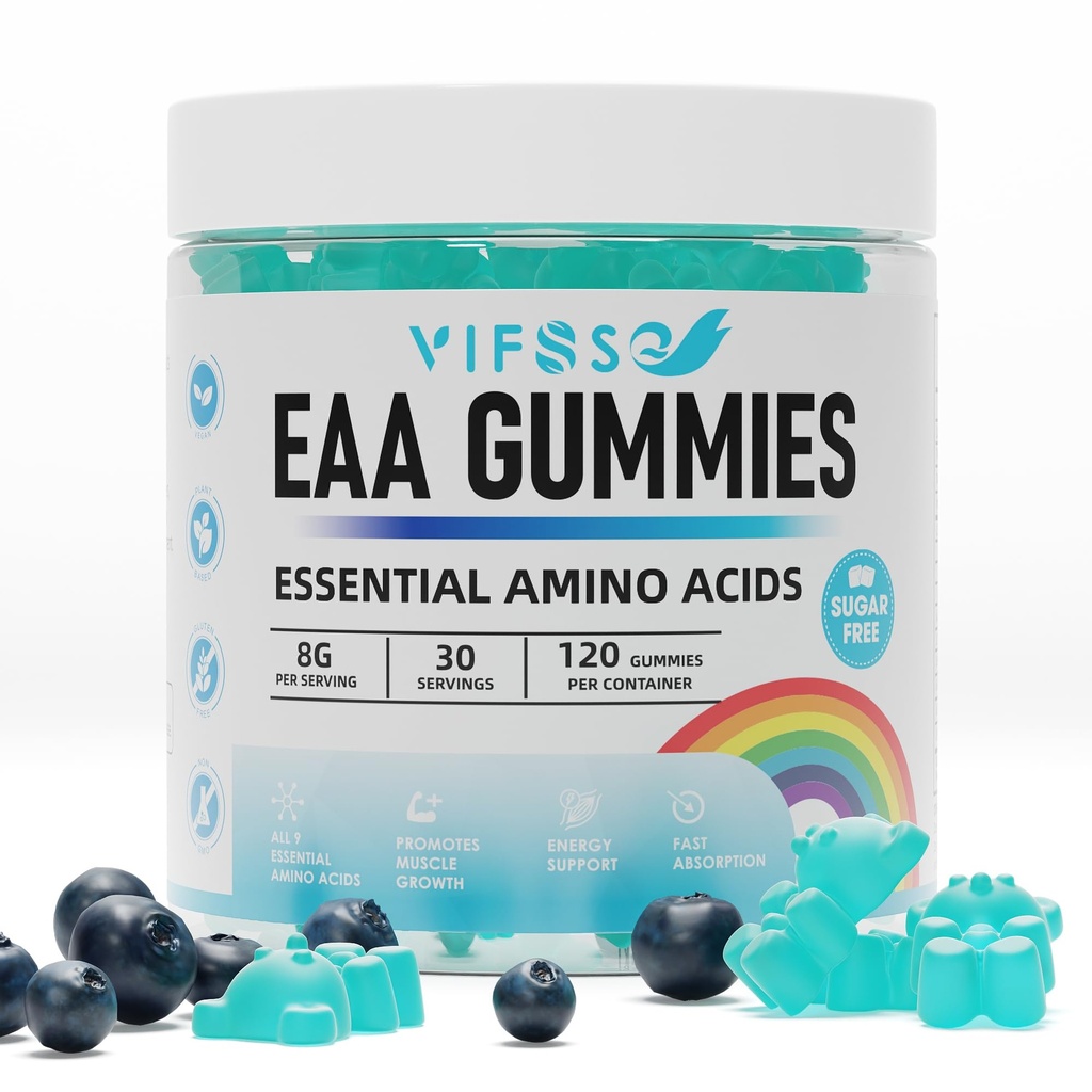 EAA Gummies 120 Gummies (framboise bleue), acides aminés essentiels - tous les 9 aminos essentiels (EAA) et tous les aminos à chaîne ramifiée (BCAA), non OGM, sans gluten, respectueux des végétaux