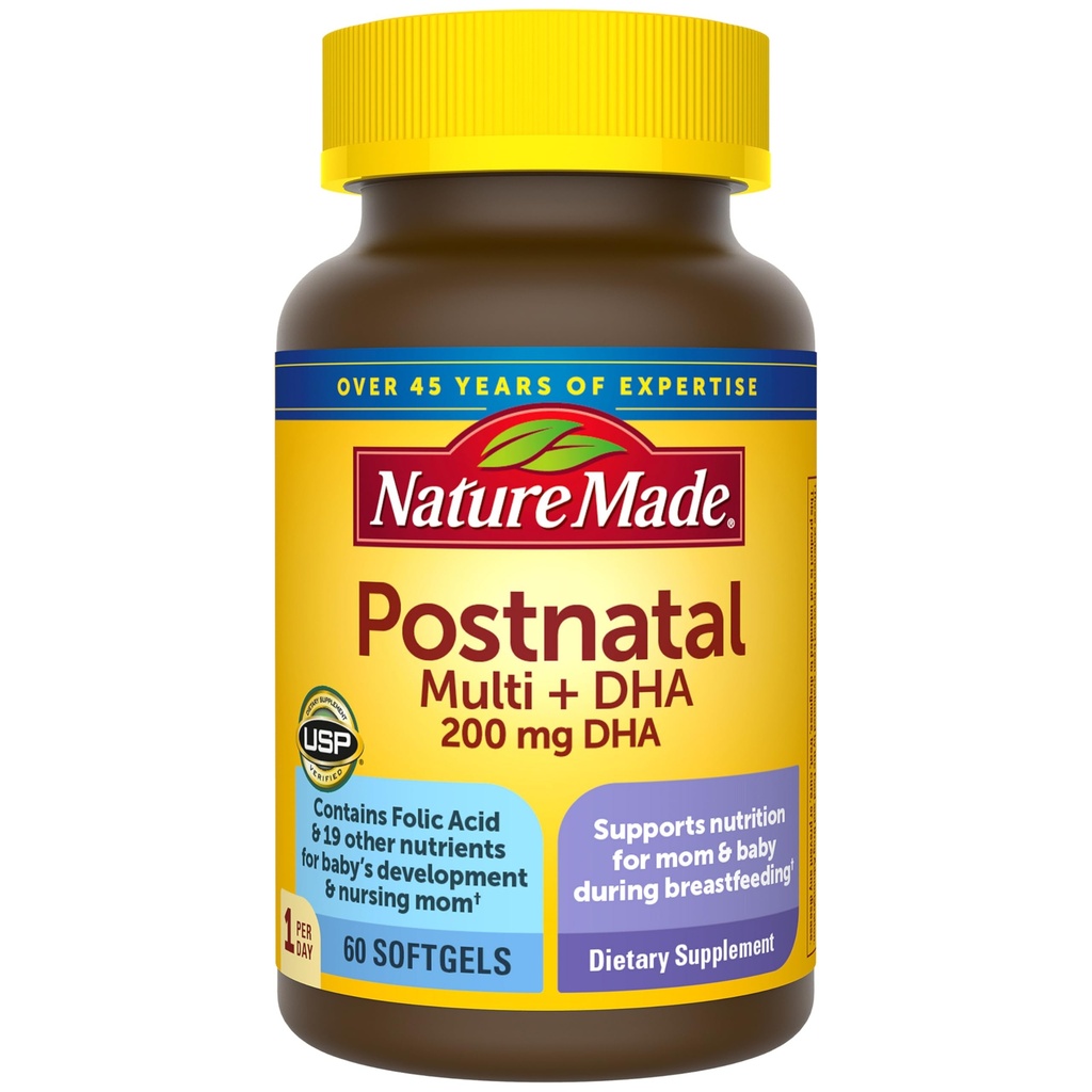 Nature Made Postnatal Multivitamine + DHA 200 mg, Postnatal Vitaminen voor borstvoeding moeders & Baby's, Vitaminen & voedingsstoffen Include Iron, Vitamine D3, Calcium, Jodium en meer, 60 Softgels